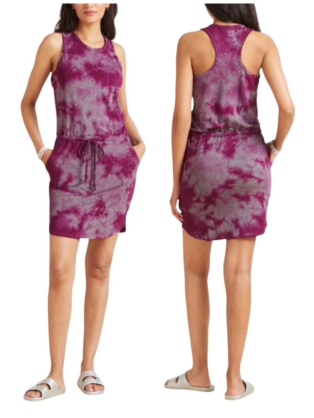 Sundry Magenta and Gray Tie-Dye Racerback Drawstring Dress